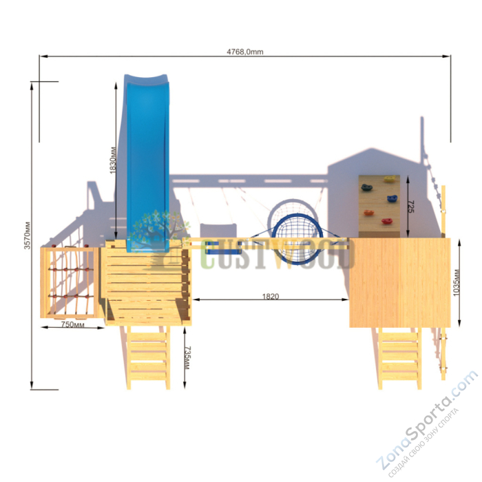 Детская деревянная игровая площадка для улицы дачи CustWood Scout S9 с деревянной крышей