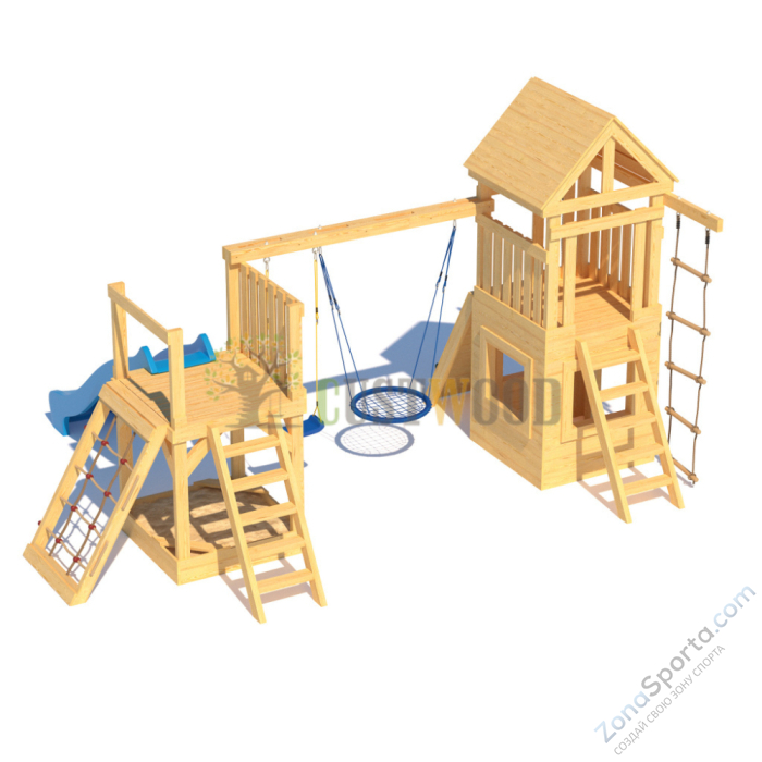 Детская деревянная игровая площадка для улицы дачи CustWood Scout S9 с деревянной крышей