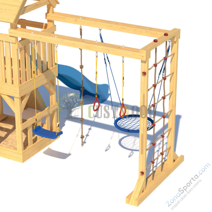 Детская деревянная игровая площадка для улицы дачи CustWood Scout S10 с большой деревянной крышей