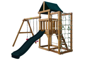 Детская игровая площадка BabyGarden Play 10 DG с канатной сеткой, веревочной лестницей, трапецией и темно-зеленой горкой 2,20 метра